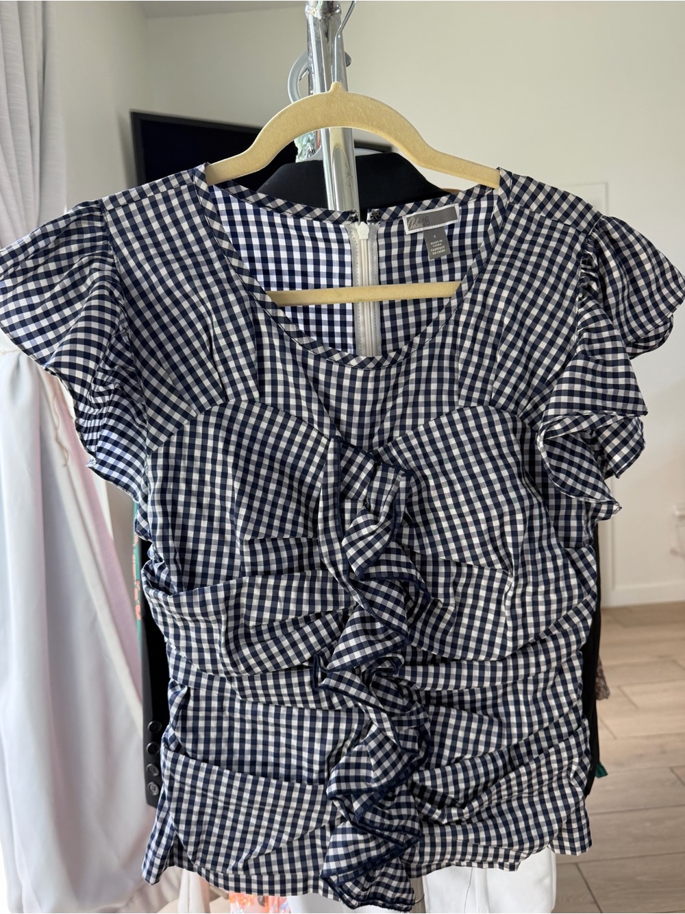 Chelsea28 Navy and White Gingham Ruffle Front Blouse